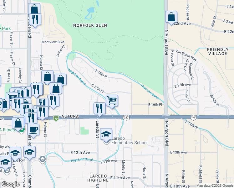 map of restaurants, bars, coffee shops, grocery stores, and more near 16406 East 17th Place in Aurora