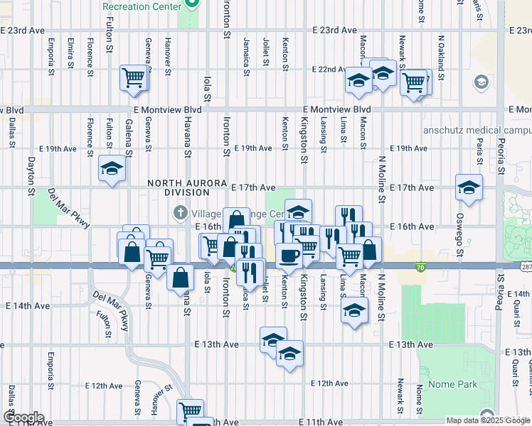 map of restaurants, bars, coffee shops, grocery stores, and more near in Aurora