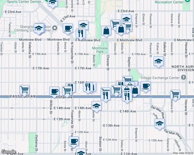 map of restaurants, bars, coffee shops, grocery stores, and more near 1639 Boston Street in Aurora
