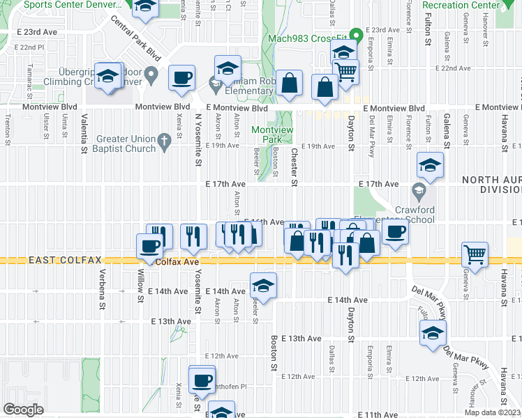 map of restaurants, bars, coffee shops, grocery stores, and more near 1625 Beeler Street in Aurora