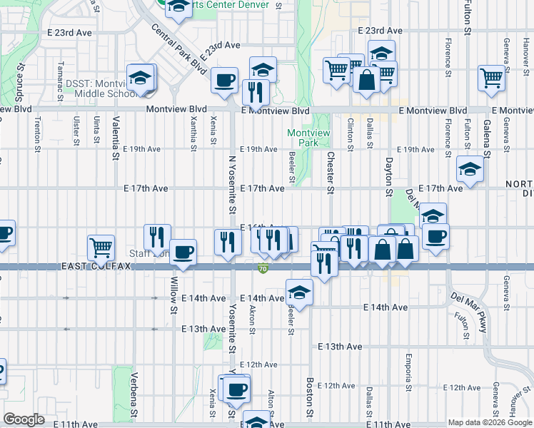 map of restaurants, bars, coffee shops, grocery stores, and more near in Aurora