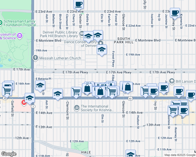 map of restaurants, bars, coffee shops, grocery stores, and more near 1628 Elm Street in Denver
