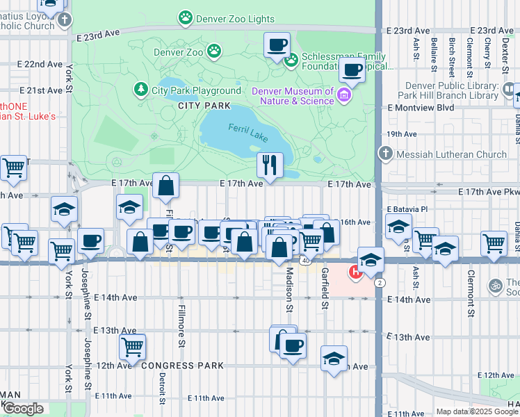 map of restaurants, bars, coffee shops, grocery stores, and more near 1620 Cook Street in Denver