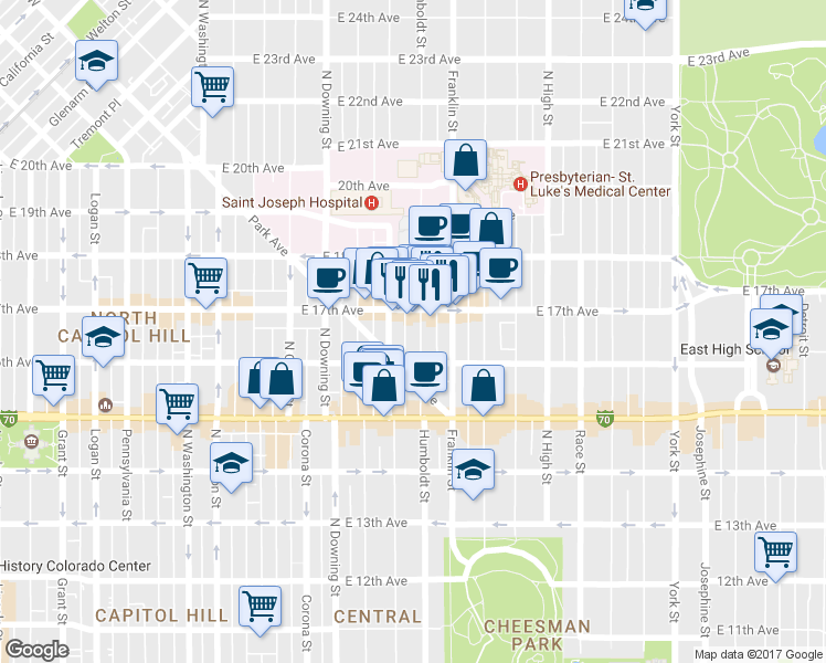 map of restaurants, bars, coffee shops, grocery stores, and more near in Denver