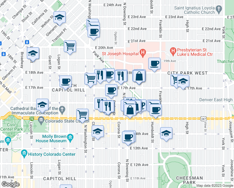 map of restaurants, bars, coffee shops, grocery stores, and more near 1642 North Ogden Street in Denver