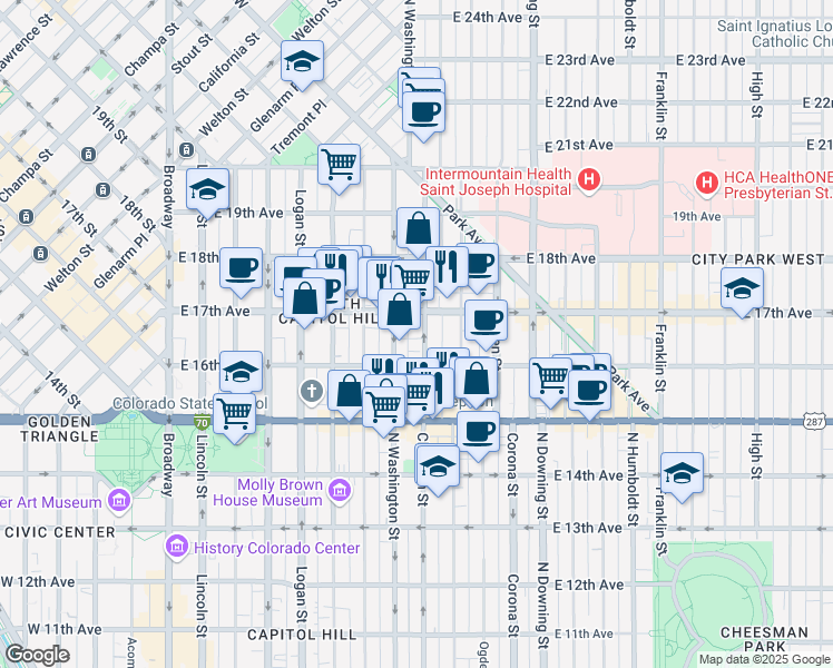 map of restaurants, bars, coffee shops, grocery stores, and more near 810 East 17th Avenue in Denver