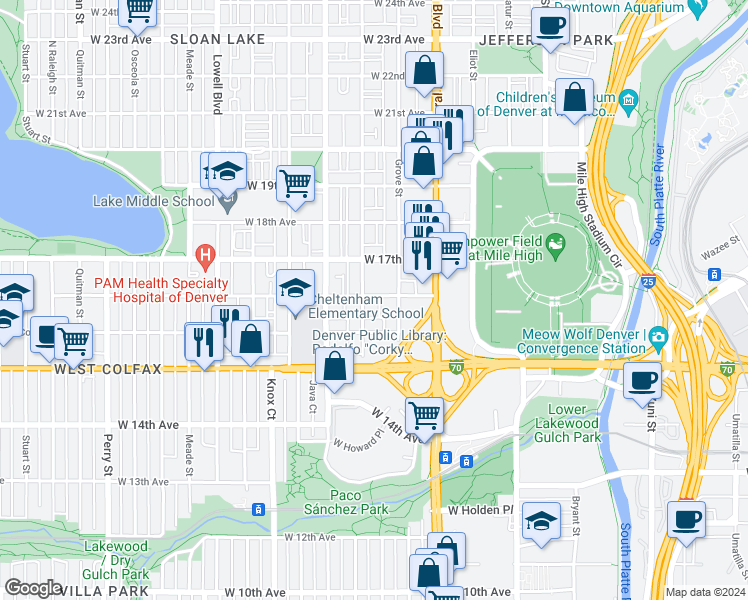 map of restaurants, bars, coffee shops, grocery stores, and more near 1597 Hooker Street in Denver