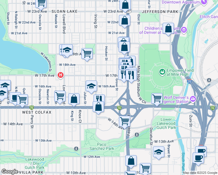 map of restaurants, bars, coffee shops, grocery stores, and more near 1597 Hooker Street in Denver