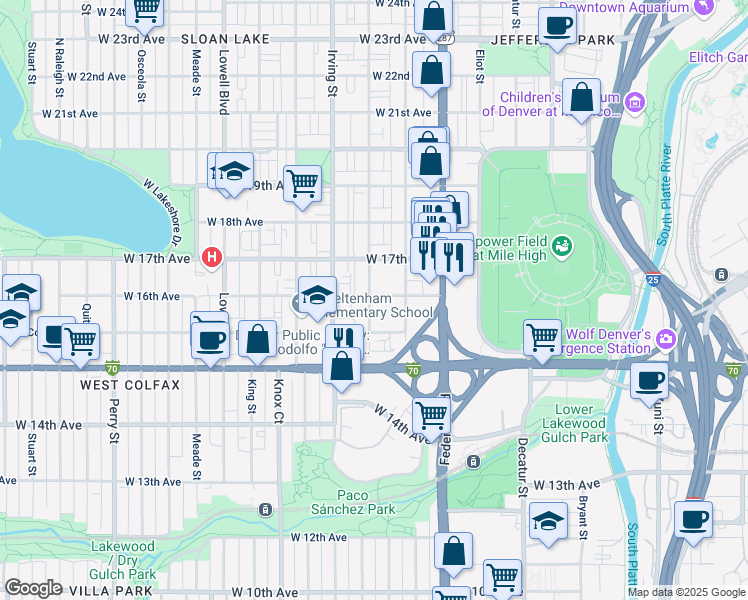 map of restaurants, bars, coffee shops, grocery stores, and more near 1597 Hooker Street in Denver