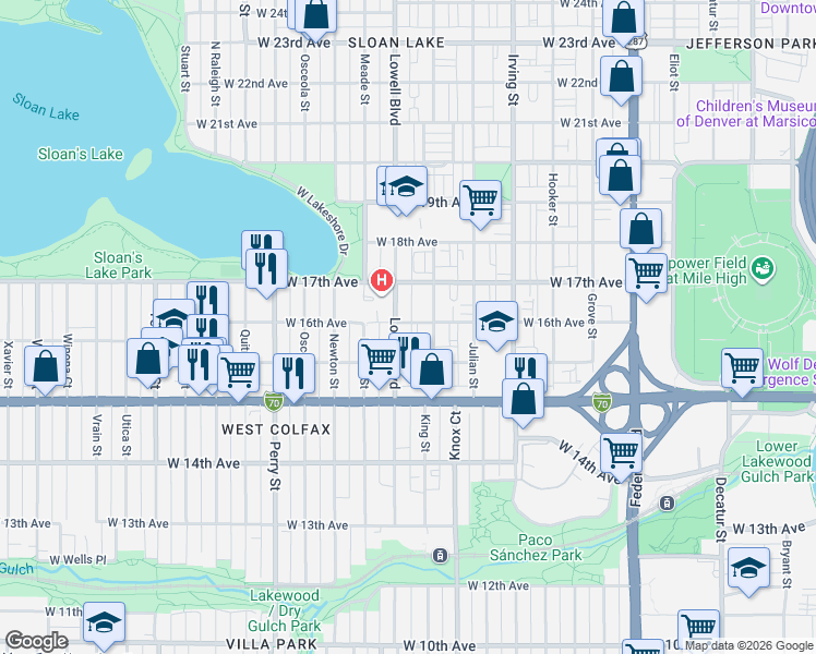map of restaurants, bars, coffee shops, grocery stores, and more near 1596 Lowell Boulevard in Denver