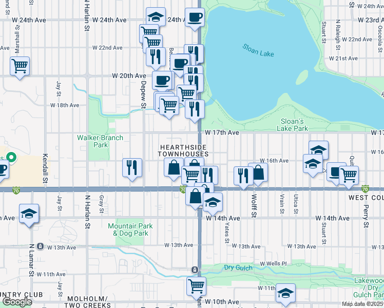 map of restaurants, bars, coffee shops, grocery stores, and more near 1605 Sheridan Boulevard in Lakewood