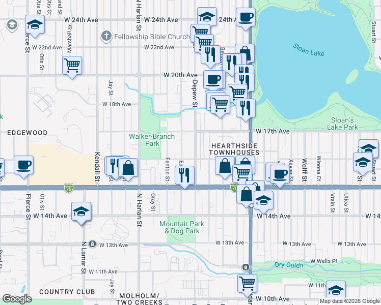map of restaurants, bars, coffee shops, grocery stores, and more near 5631 West 16th Avenue in Denver