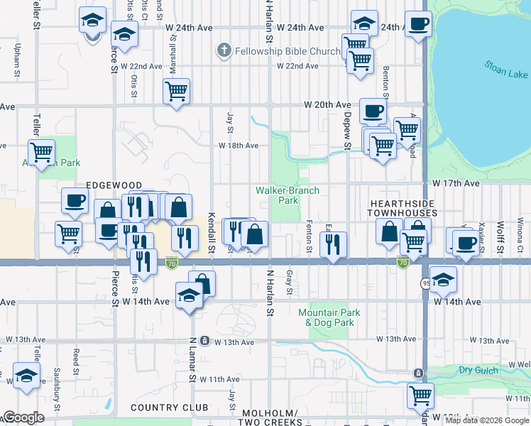 map of restaurants, bars, coffee shops, grocery stores, and more near 1603 North Harlan Street in Lakewood