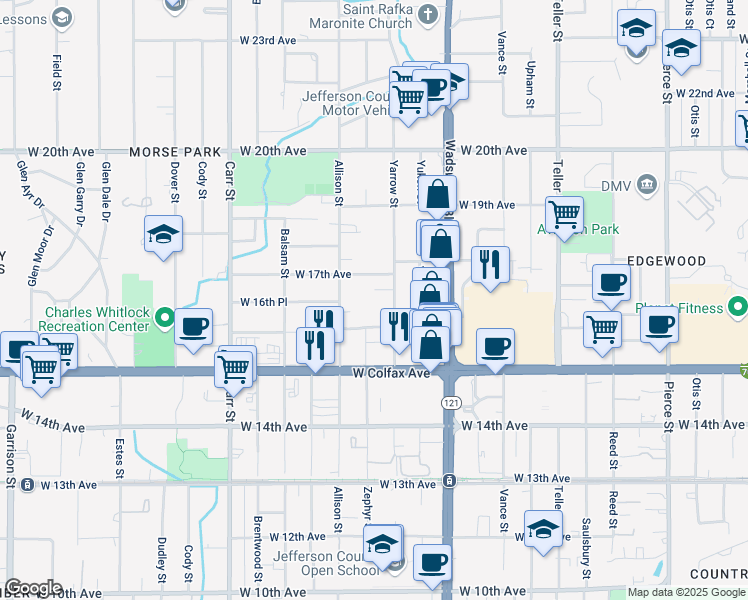 map of restaurants, bars, coffee shops, grocery stores, and more near 1655 Yarrow Street in Lakewood