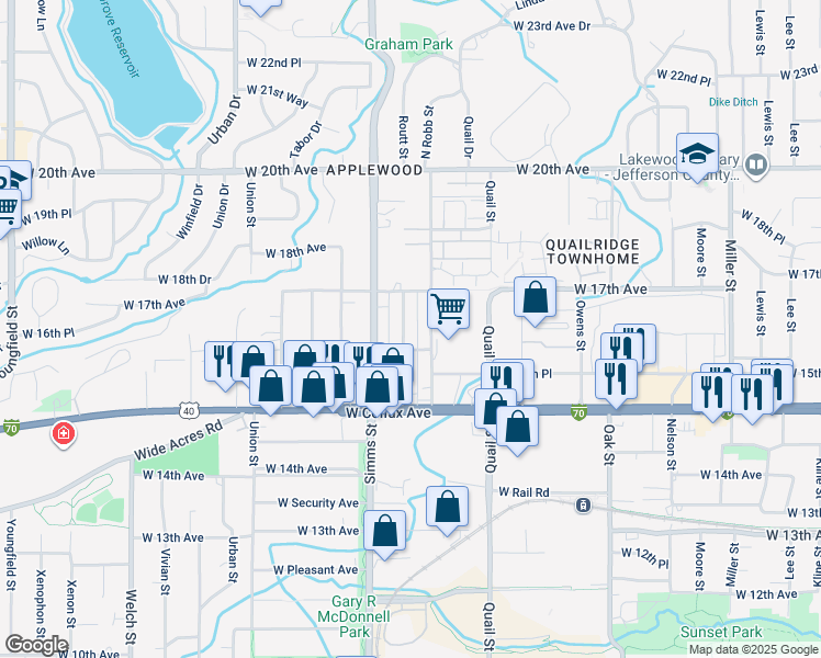 map of restaurants, bars, coffee shops, grocery stores, and more near 1651 Routt Street in Lakewood