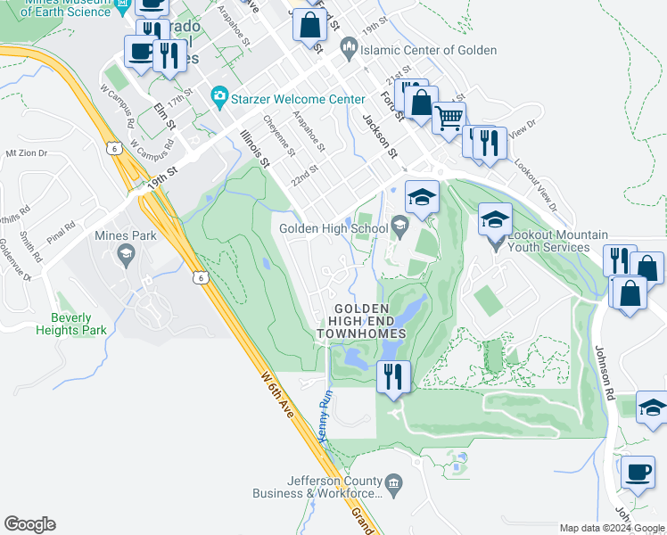 map of restaurants, bars, coffee shops, grocery stores, and more near 1002 Homestake Drive in Golden