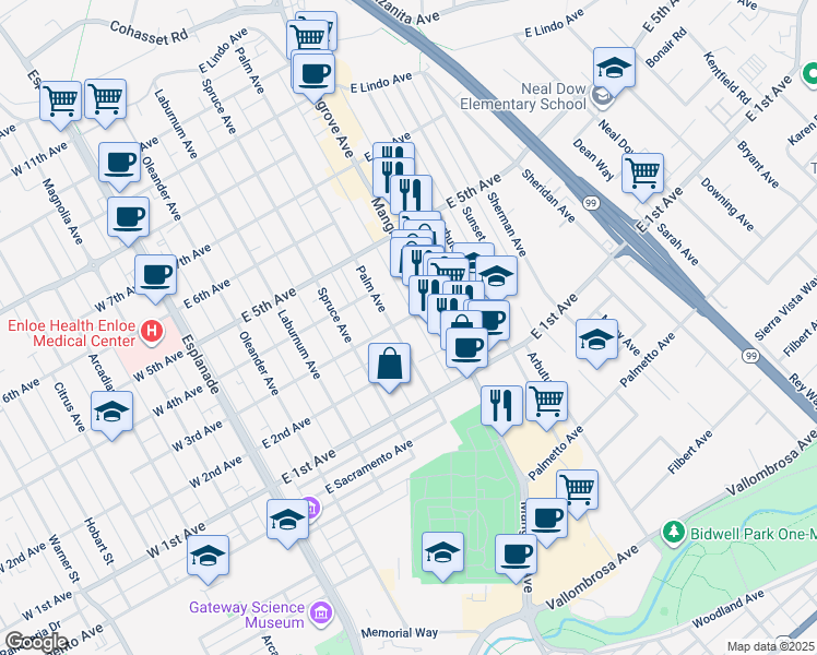 map of restaurants, bars, coffee shops, grocery stores, and more near 555 East 3rd Avenue in Chico