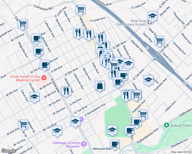 map of restaurants, bars, coffee shops, grocery stores, and more near 476 East 3rd Avenue in Chico