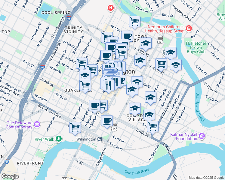 map of restaurants, bars, coffee shops, grocery stores, and more near 701 North King Street in Wilmington
