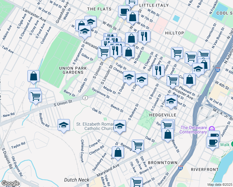 map of restaurants, bars, coffee shops, grocery stores, and more near 423 South Dupont Street in Wilmington