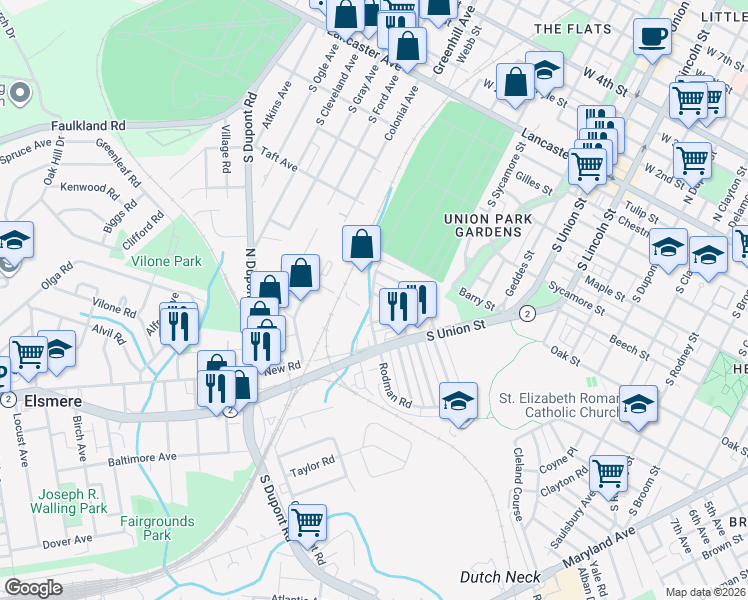 map of restaurants, bars, coffee shops, grocery stores, and more near 2106 Seneca Road in Wilmington