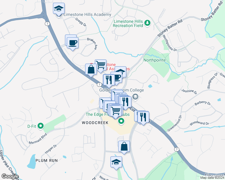 map of restaurants, bars, coffee shops, grocery stores, and more near in Pike Creek