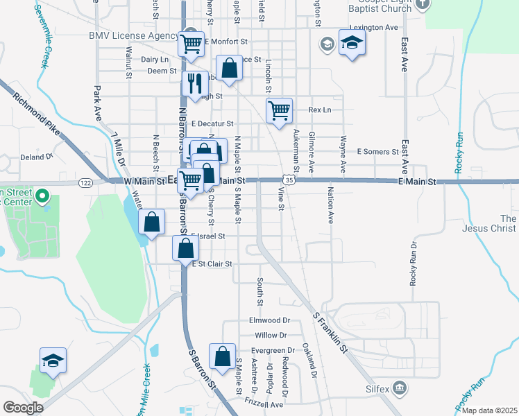 map of restaurants, bars, coffee shops, grocery stores, and more near 200 South Franklin Street in Eaton