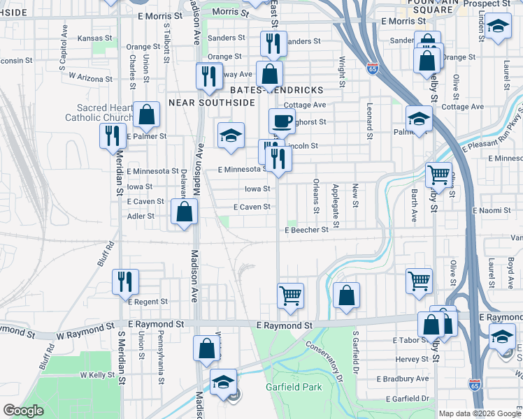 map of restaurants, bars, coffee shops, grocery stores, and more near 325 East Caven Street in Indianapolis