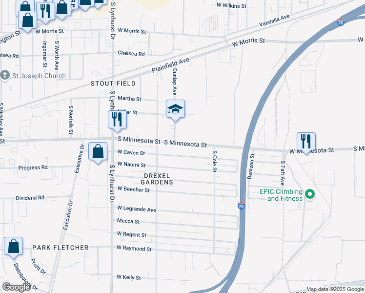 map of restaurants, bars, coffee shops, grocery stores, and more near 4945 West Minnesota Street in Indianapolis