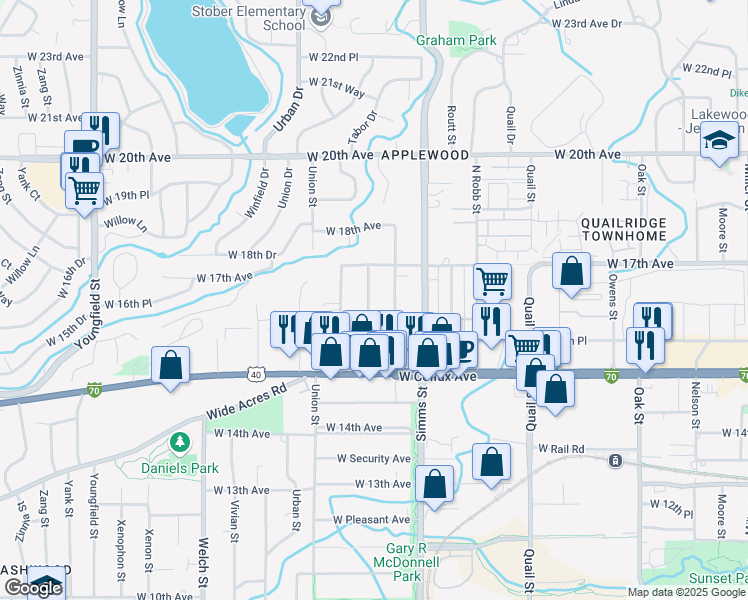 map of restaurants, bars, coffee shops, grocery stores, and more near 1650 Tabor Street in Lakewood