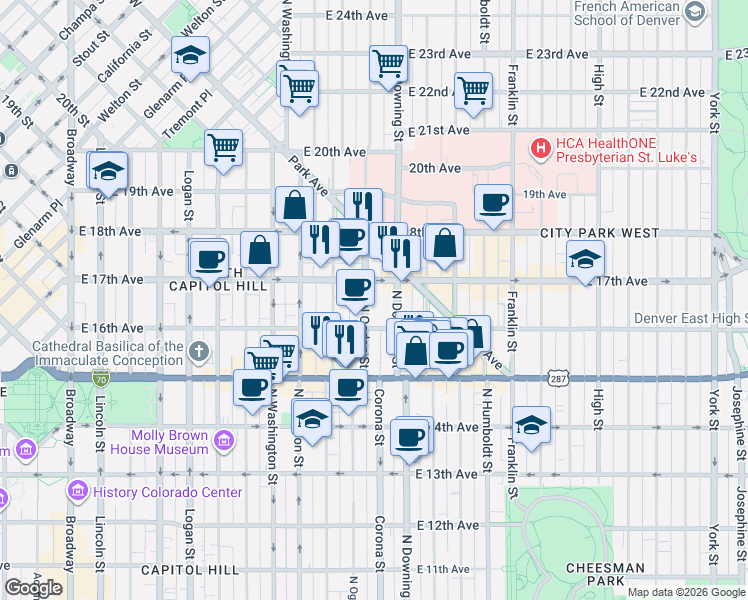map of restaurants, bars, coffee shops, grocery stores, and more near 1642 North Ogden Street in Denver