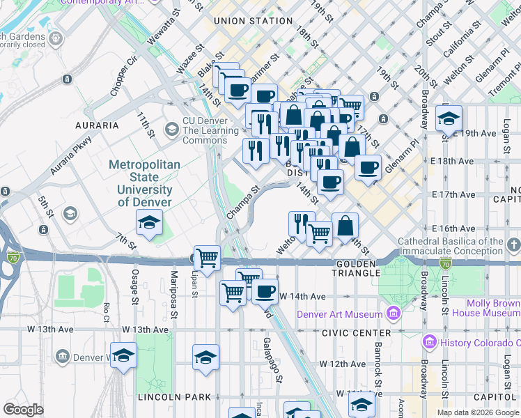 map of restaurants, bars, coffee shops, grocery stores, and more near 1208 Stout Street in Denver