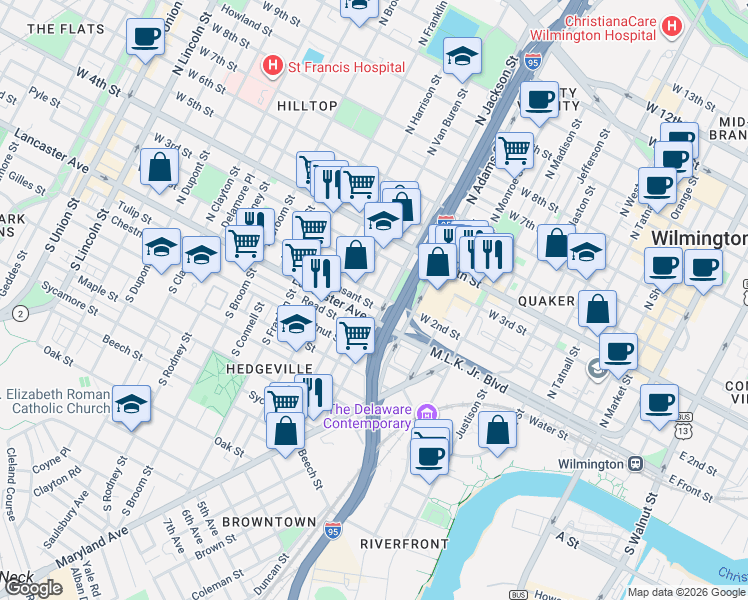 map of restaurants, bars, coffee shops, grocery stores, and more near 1003 Pleasant Street in Wilmington