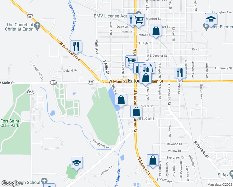 map of restaurants, bars, coffee shops, grocery stores, and more near 512 West Wadsworth Street in Eaton