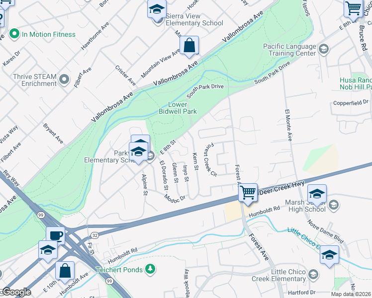 map of restaurants, bars, coffee shops, grocery stores, and more near 1865 East 8th Street in Chico