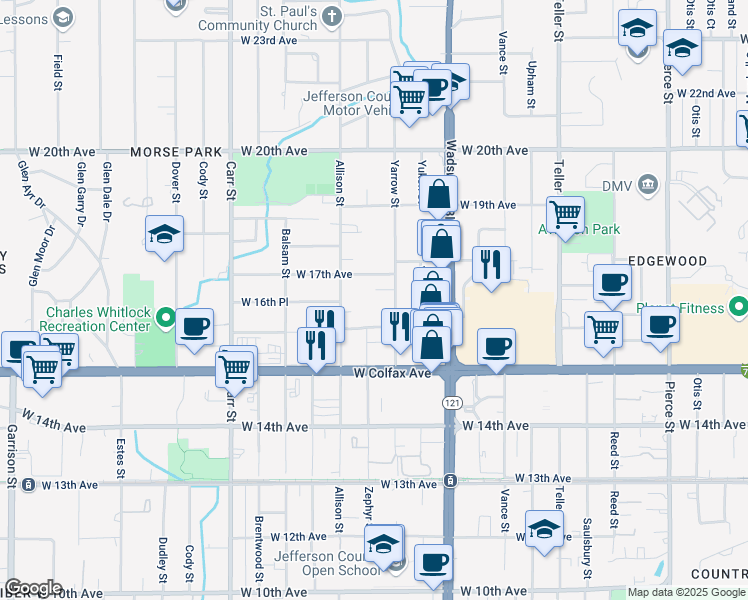map of restaurants, bars, coffee shops, grocery stores, and more near 1655 Yarrow Street in Lakewood