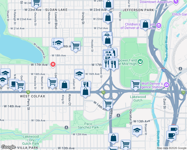 map of restaurants, bars, coffee shops, grocery stores, and more near 1598 Hooker Street in Denver