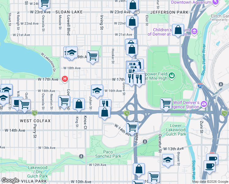 map of restaurants, bars, coffee shops, grocery stores, and more near 1598 Hooker Street in Denver