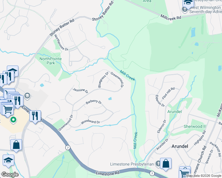 map of restaurants, bars, coffee shops, grocery stores, and more near 443 Greenwood Dr in Wilmington