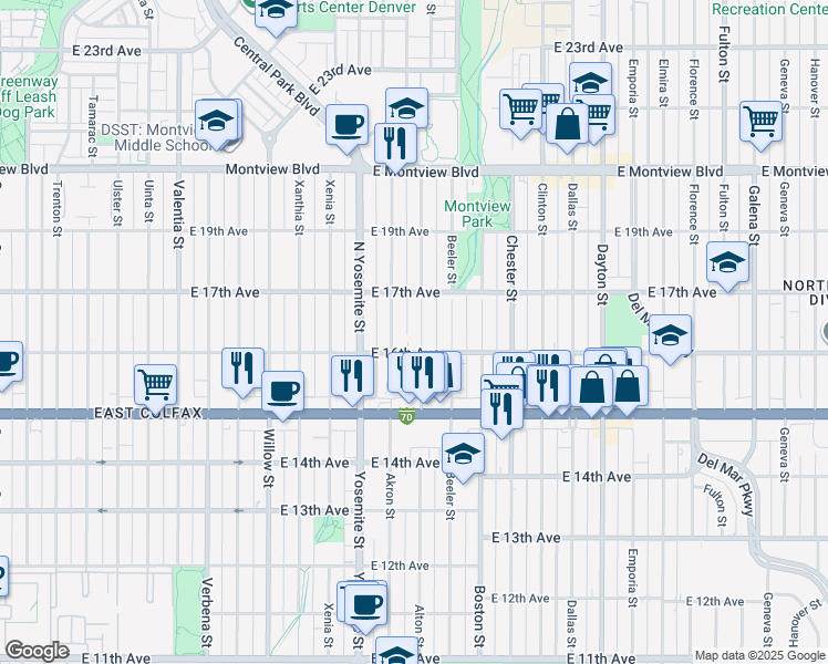 map of restaurants, bars, coffee shops, grocery stores, and more near in Aurora