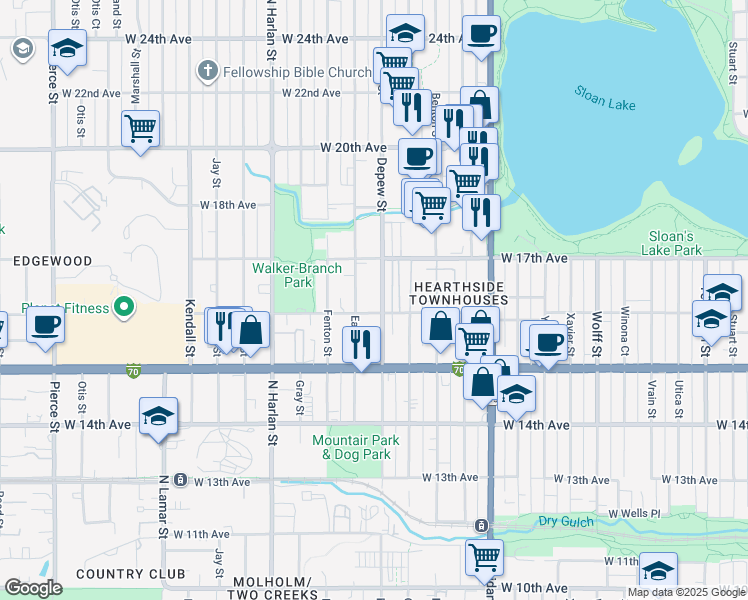 map of restaurants, bars, coffee shops, grocery stores, and more near 5631 West 16th Avenue in Denver