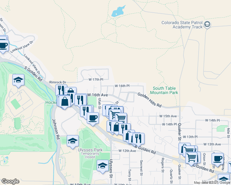 map of restaurants, bars, coffee shops, grocery stores, and more near 1600 Ulysses Court in Golden