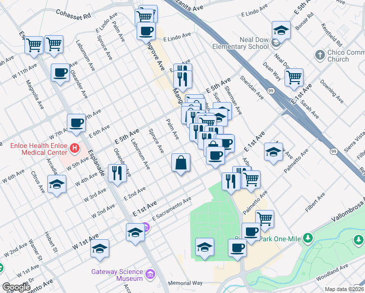 map of restaurants, bars, coffee shops, grocery stores, and more near Palm Avenue & East 3rd Avenue in Chico