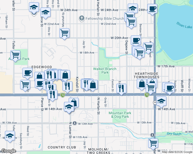 map of restaurants, bars, coffee shops, grocery stores, and more near 1603 North Harlan Street in Lakewood