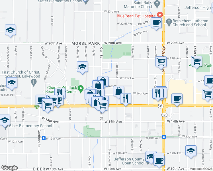 map of restaurants, bars, coffee shops, grocery stores, and more near 8339 West 16th Place in Denver