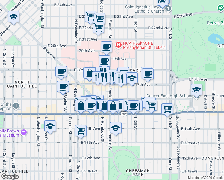 map of restaurants, bars, coffee shops, grocery stores, and more near 1645 Franklin Street in Denver