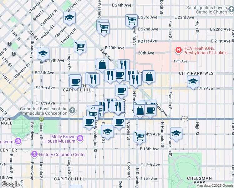 map of restaurants, bars, coffee shops, grocery stores, and more near 1644 Emerson Street in Denver
