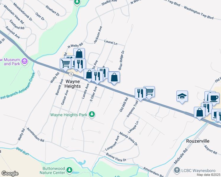 map of restaurants, bars, coffee shops, grocery stores, and more near 11105 Buchanan Trail East in Waynesboro