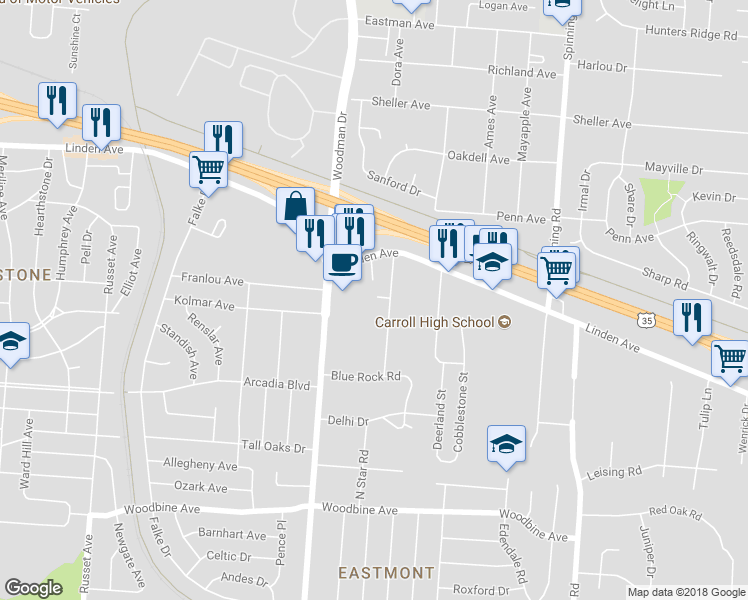 map of restaurants, bars, coffee shops, grocery stores, and more near 1655 Rausch Avenue in Dayton