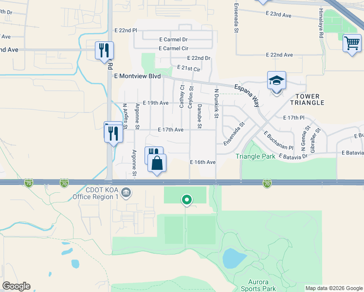 map of restaurants, bars, coffee shops, grocery stores, and more near 19046 East 16th Place in Aurora